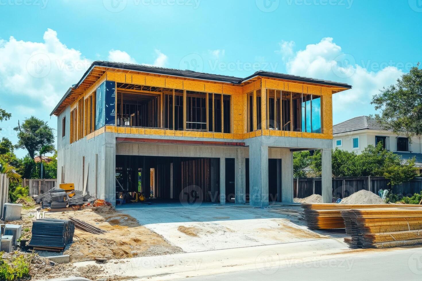 New residential construction project with modern design features in a suburban neighborhood under clear blue skies photo