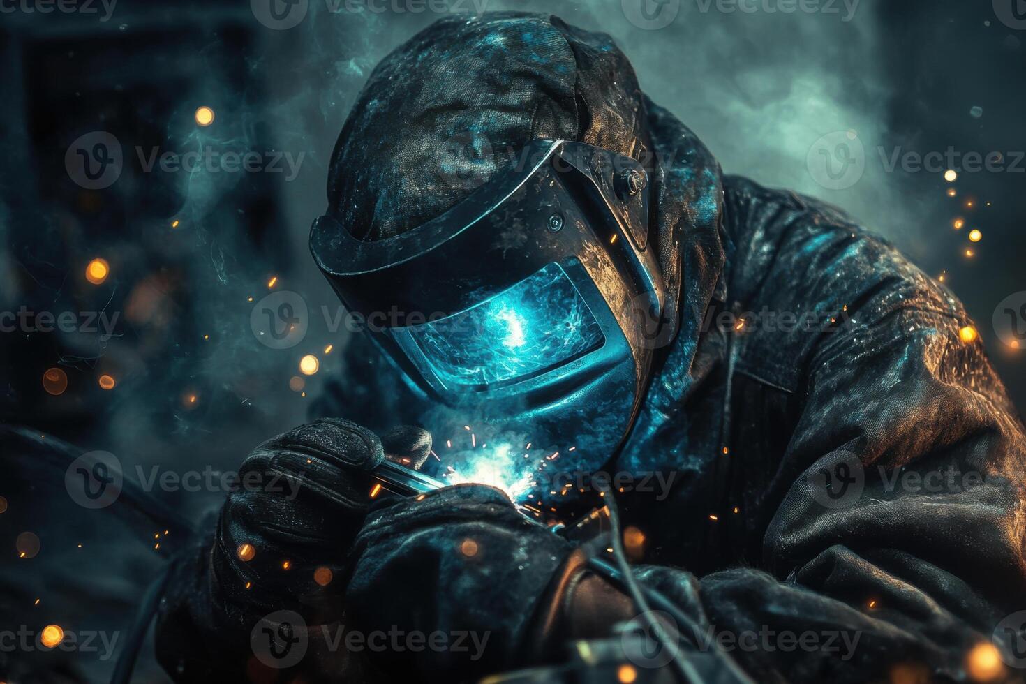 Welding sparks fly during industrial repair work in a dimly lit workshop photo