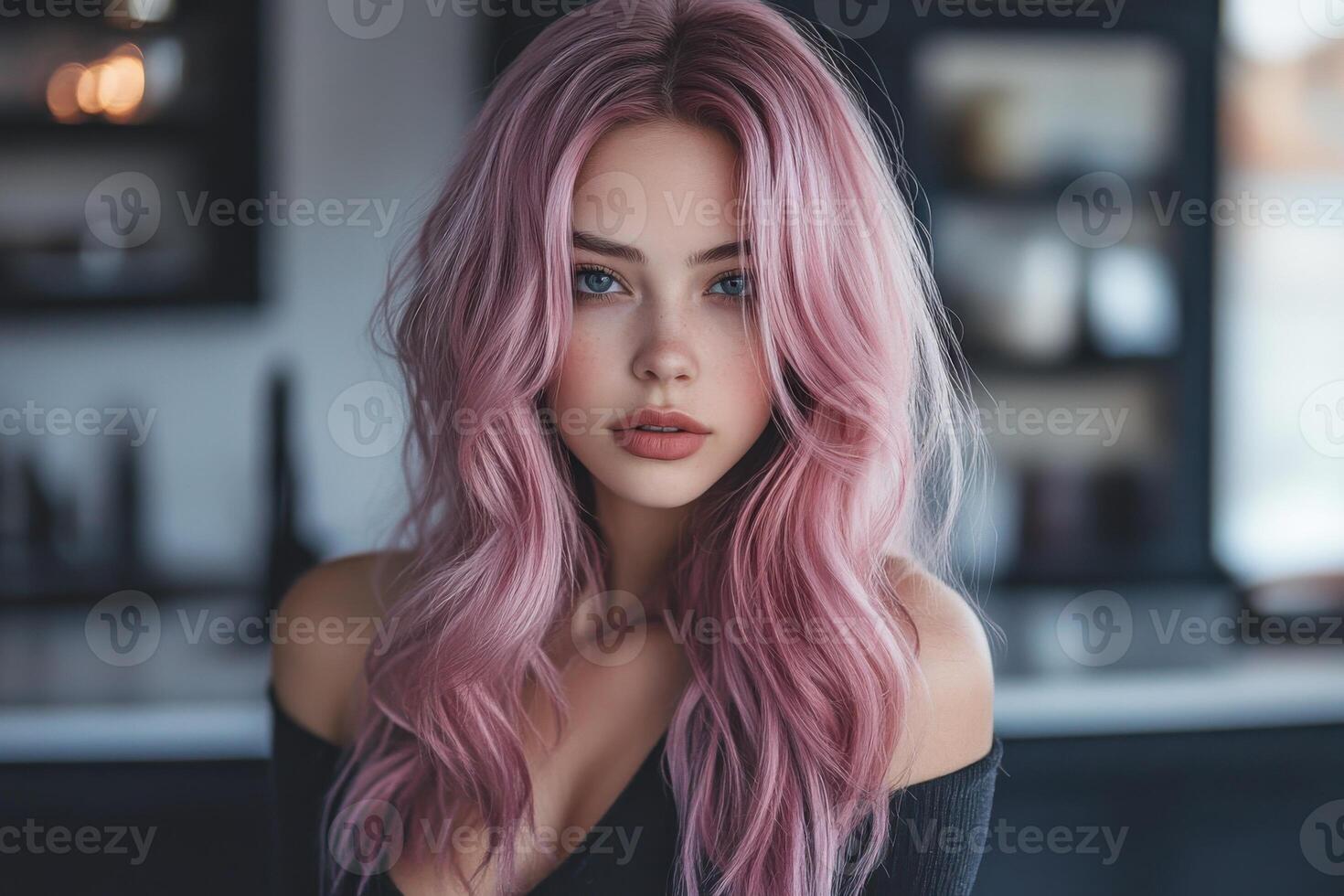 Young woman with long pink hair posing indoors in a modern kitchen with soft lighting photo