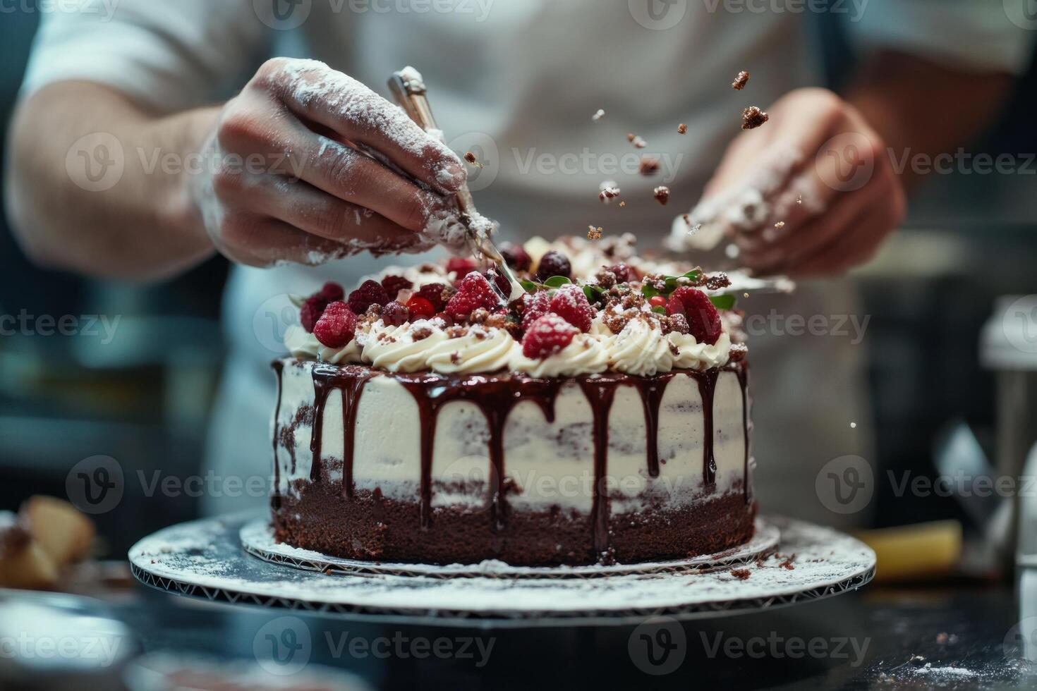 Baker skillfully decorates chocolate cake with fresh raspberries and chocolate shavings in a cozy kitchen setting photo