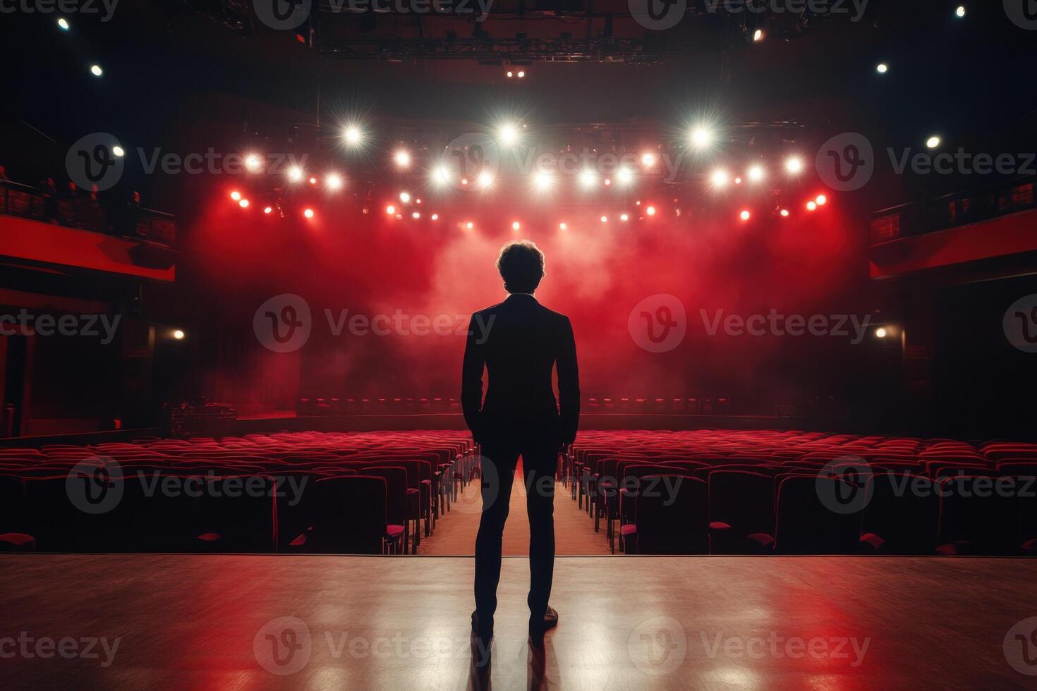 Performer stands before empty theater stage illuminated by bright lights in anticipation of the show photo