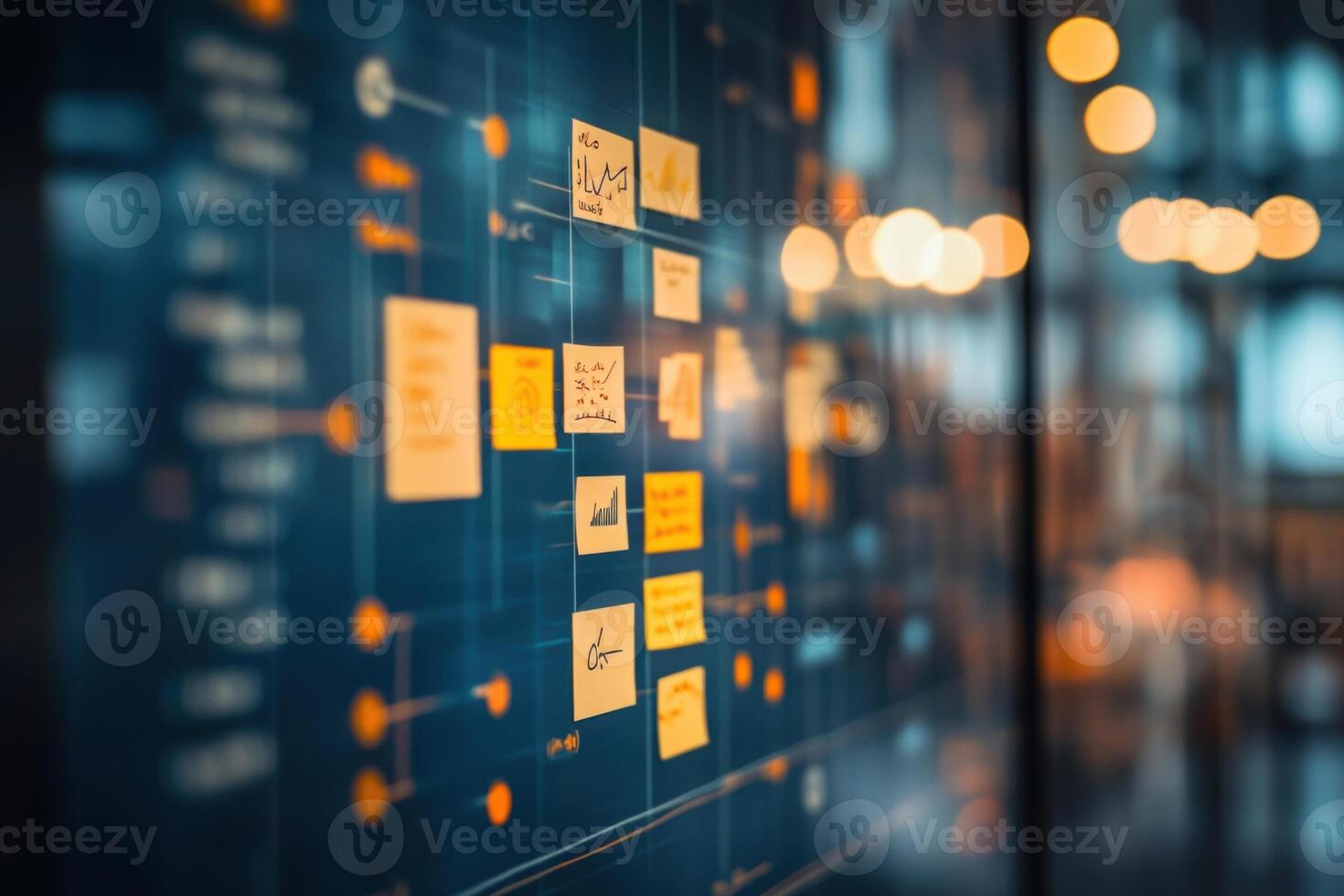 Project planning display with sticky notes and data visualization in a modern office environment photo