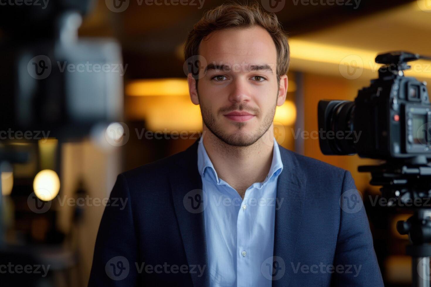 Young professional poses confidently between cameras in a stylish setting during a media event photo