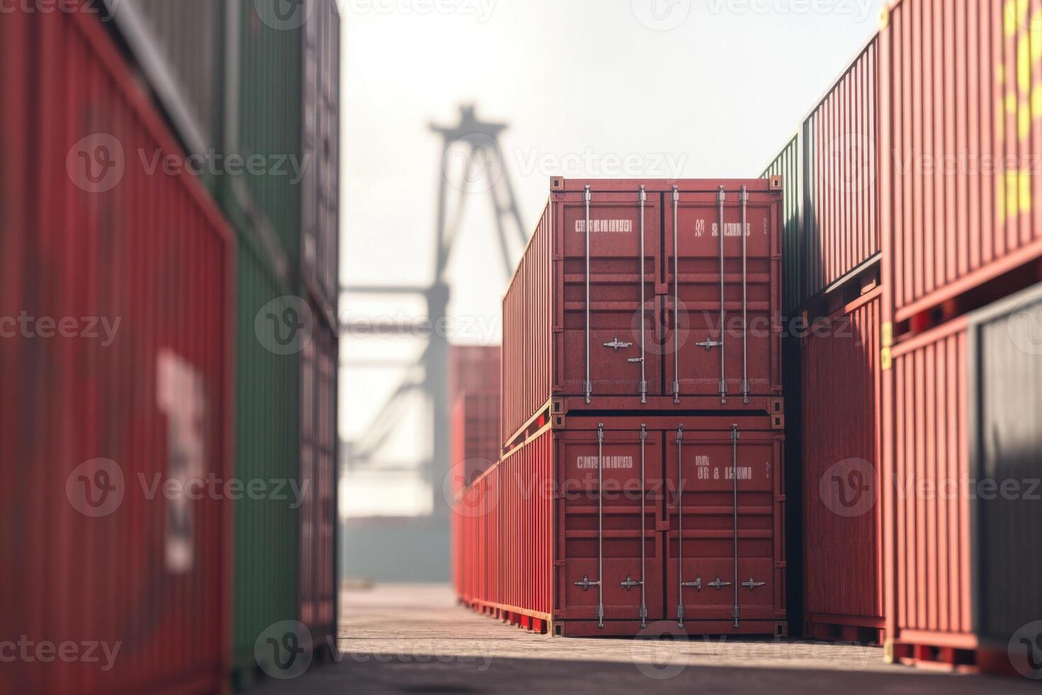 Stacked shipping containers in an industrial port during morning light showcasing loading activity photo