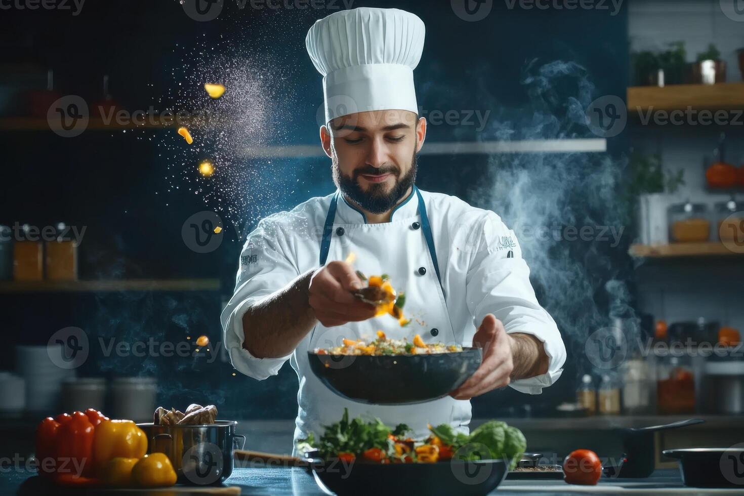 Chef preparing a vibrant vegetable salad in a modern kitchen while showcasing culinary skills photo