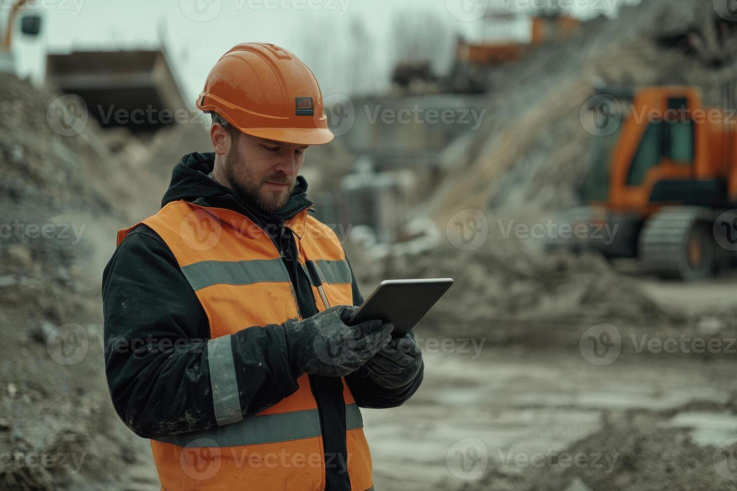 Construction worker using tablet at a busy site with heavy machinery in the background during overcast day photo