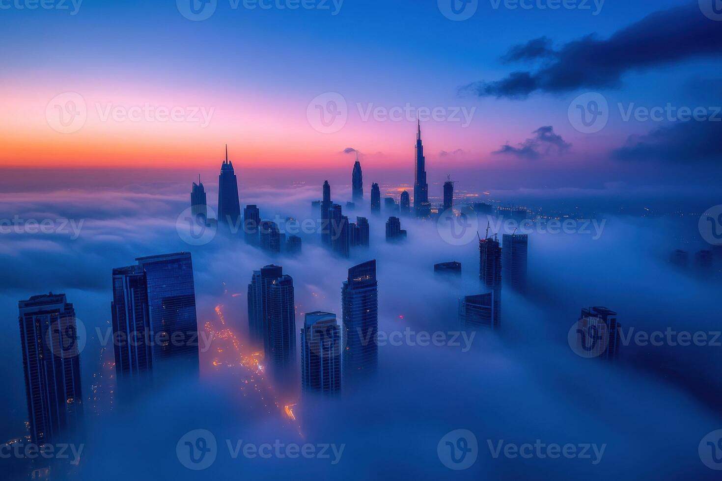 Fog envelops city skyline at dawn, revealing skyscrapers and a vibrant sunrise in the background photo