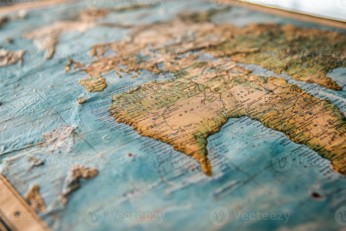 Detailed topographical map showcasing Africa and surrounding oceans in a vintage style, emphasizing geographic features and landmasses photo