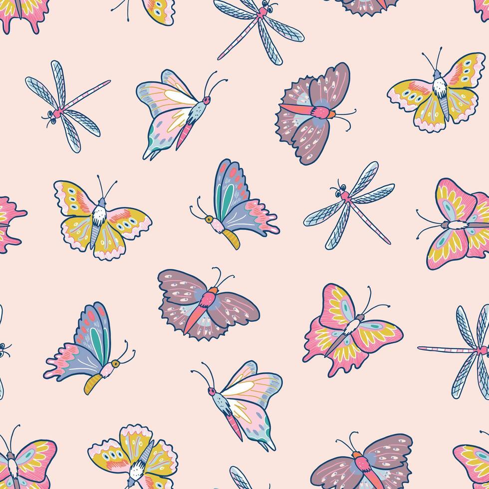 A pattern with butterflies and dragonflies vector