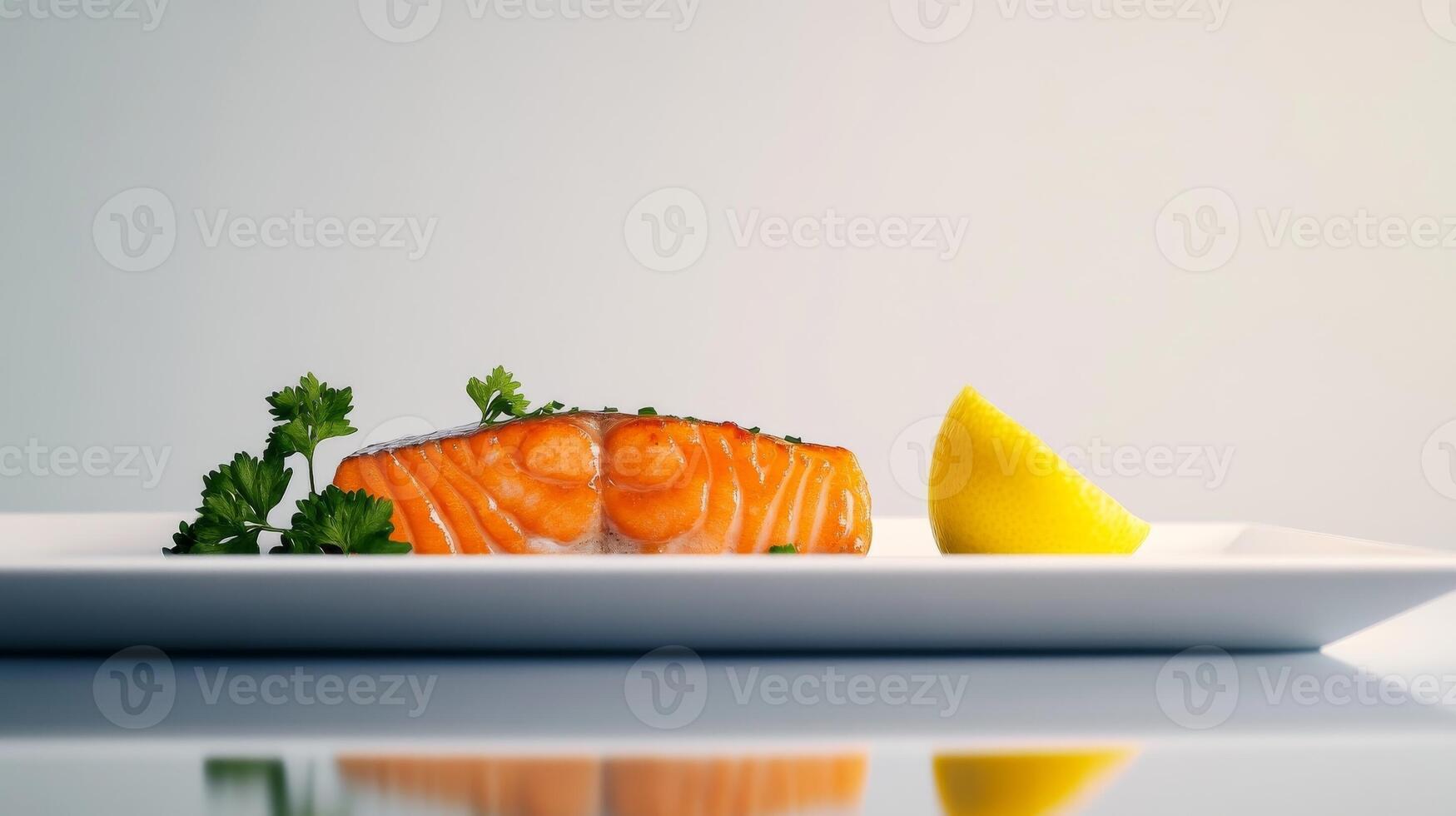 Freshly cooked salmon garnished with herbs and lemon served on a white plate in a minimalist setting photo