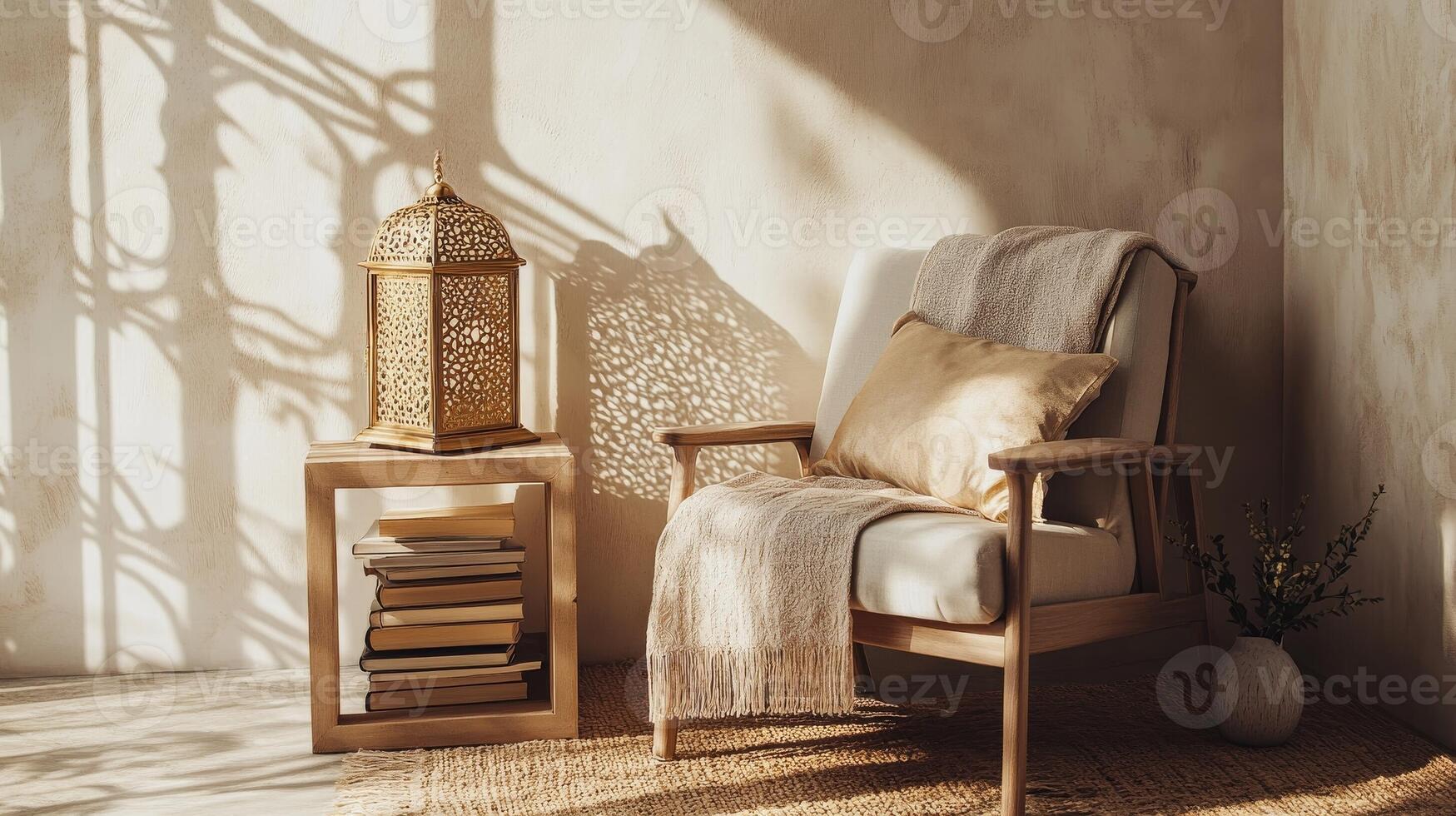 Cozy reading nook with a warm glow from afternoon sunlight and intricate shadows photo