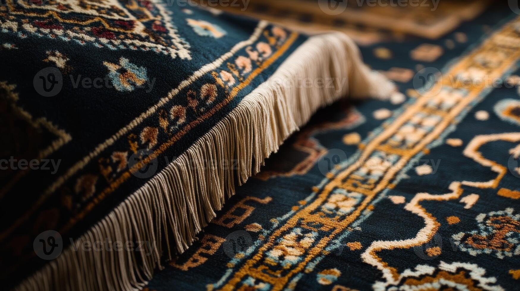 Intricate details of a traditional woven carpet showcasing craftsmanship and rich patterns in a cozy setting photo