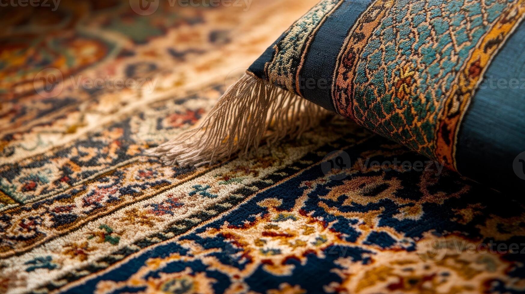 Intricate patterns and textures of handcrafted rug and pillow in cozy interior setting during afternoon light photo