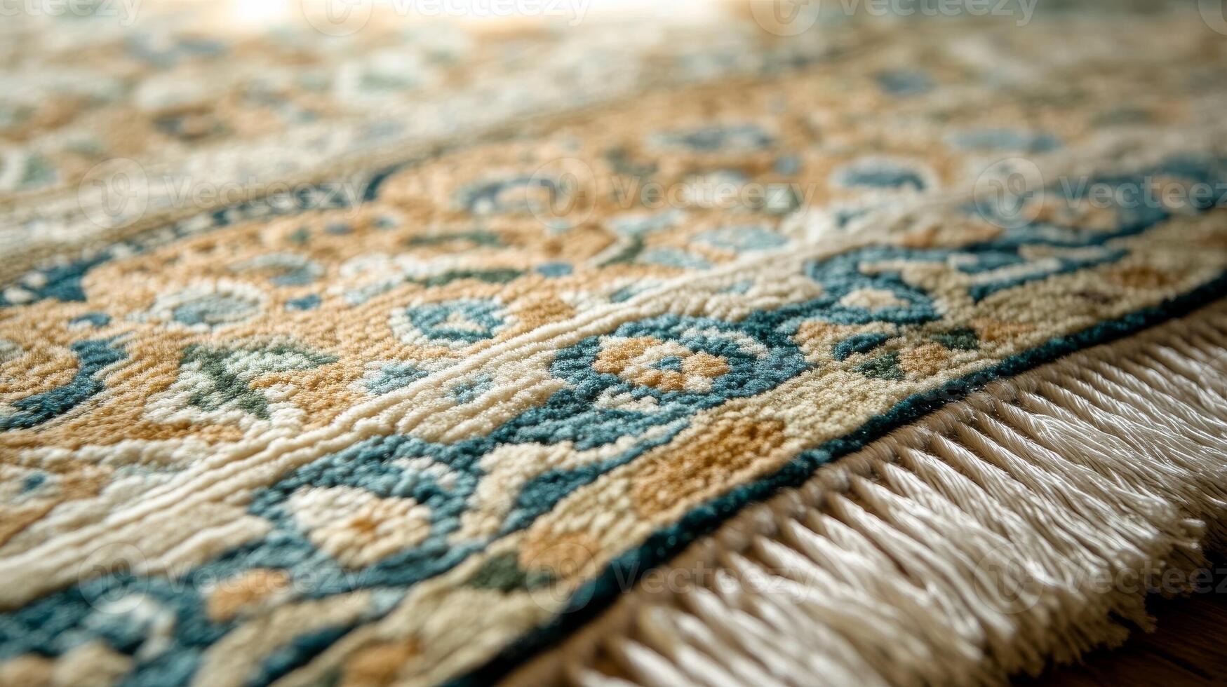 Detailed close-up of a handmade rug showcasing intricate patterns and textures in warm colors photo