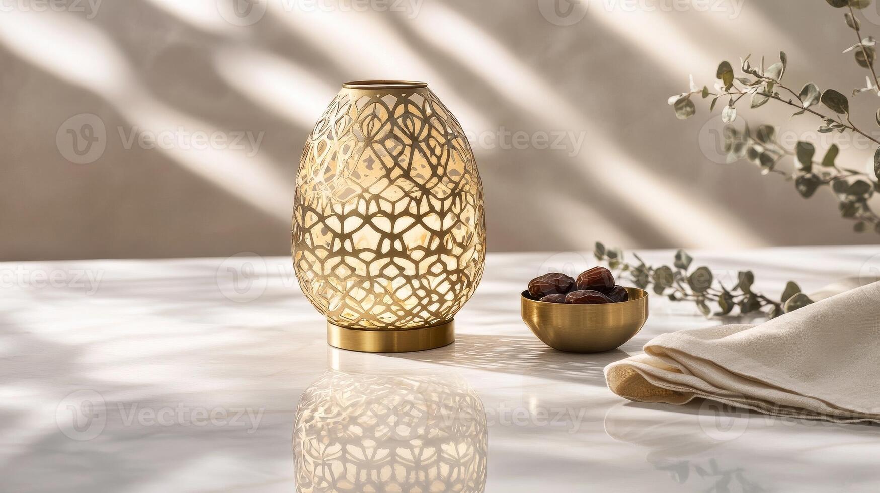 Elegant golden lamp casting intricate shadows on a tabletop with decorative bowl and greenery photo