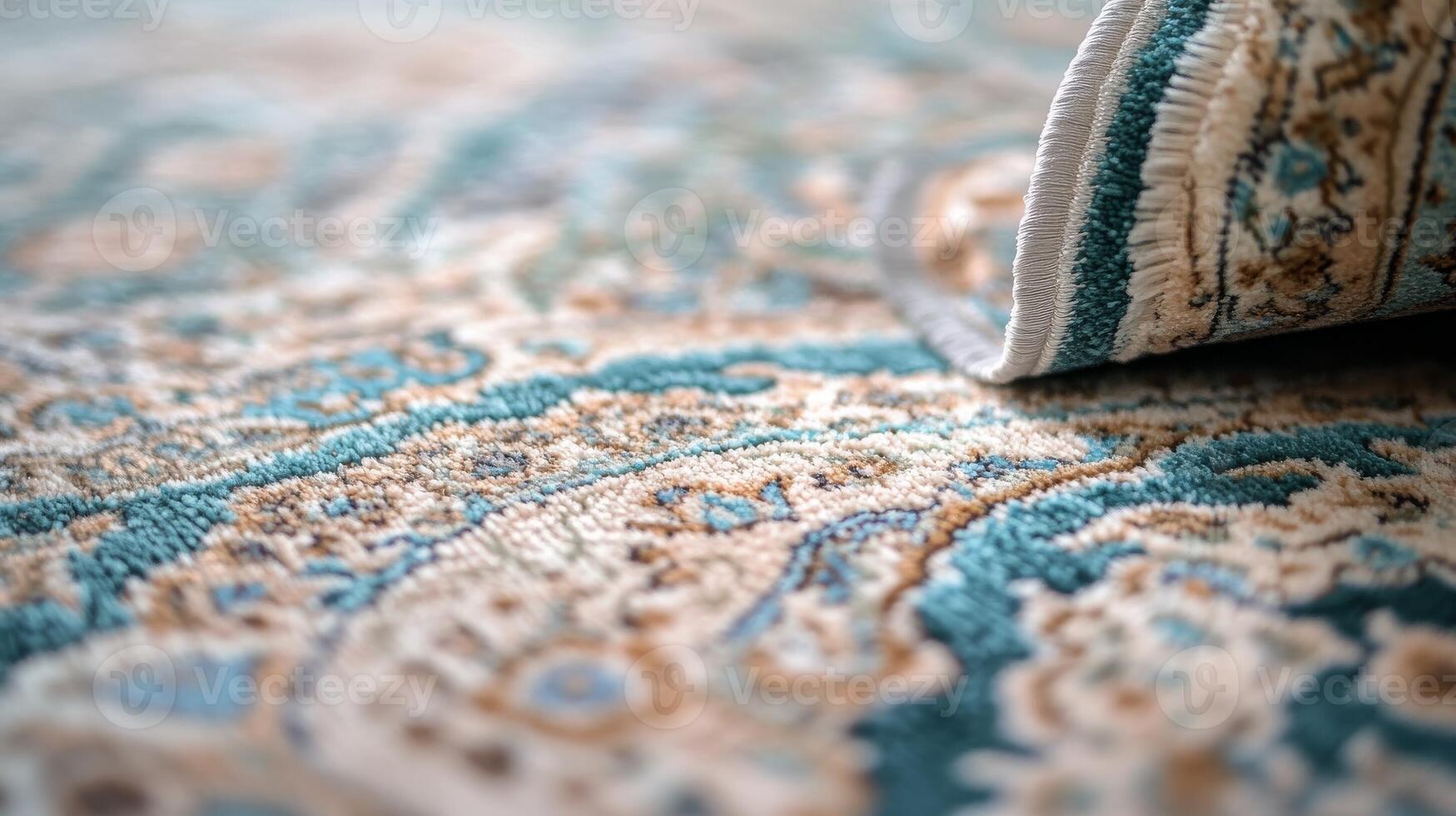 Intricate design of a rolled-up carpet showcasing detailed patterns in a home setting during daylight photo