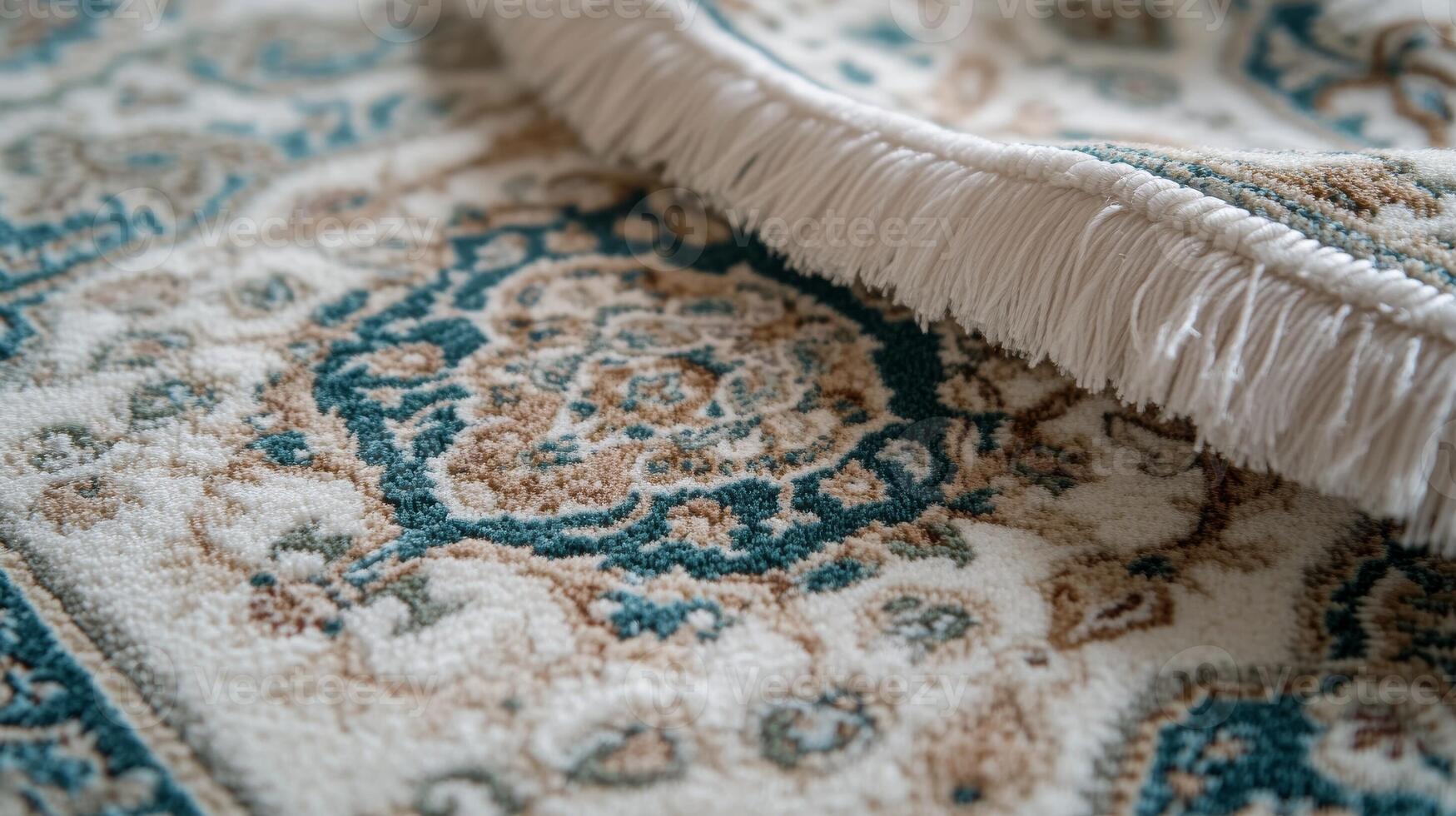 Elegant traditional rug with detailed patterns and fringes, showcasing intricate design and texture in a cozy interior setting photo