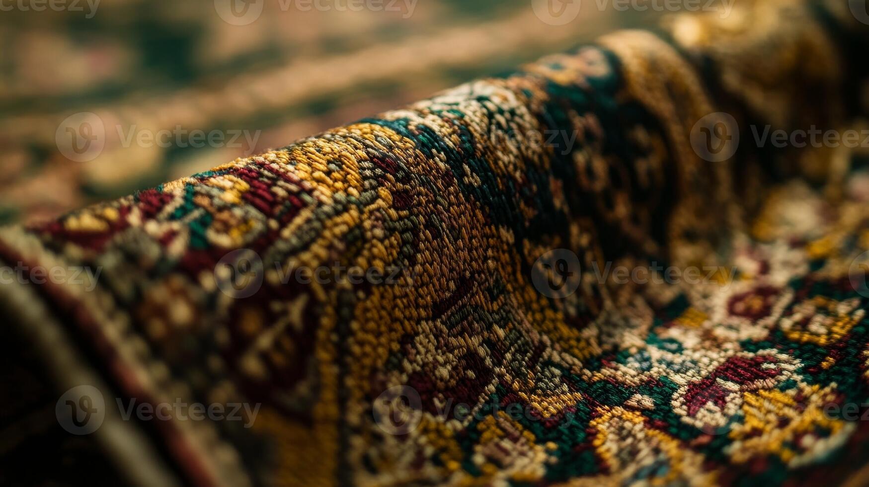 Detailed view of a traditional rug showcasing intricate patterns and rich colors in a cozy interior setting photo