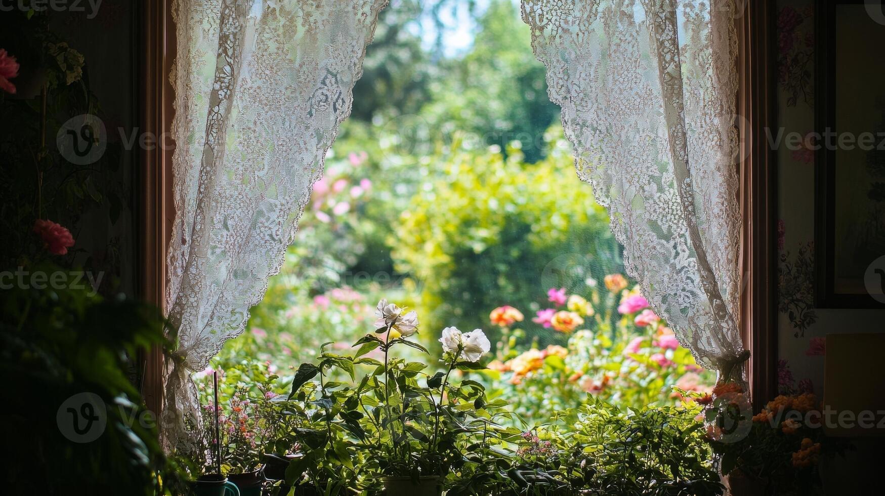 Brightly lit garden view through lace curtains on a sunny day by a cozy window photo