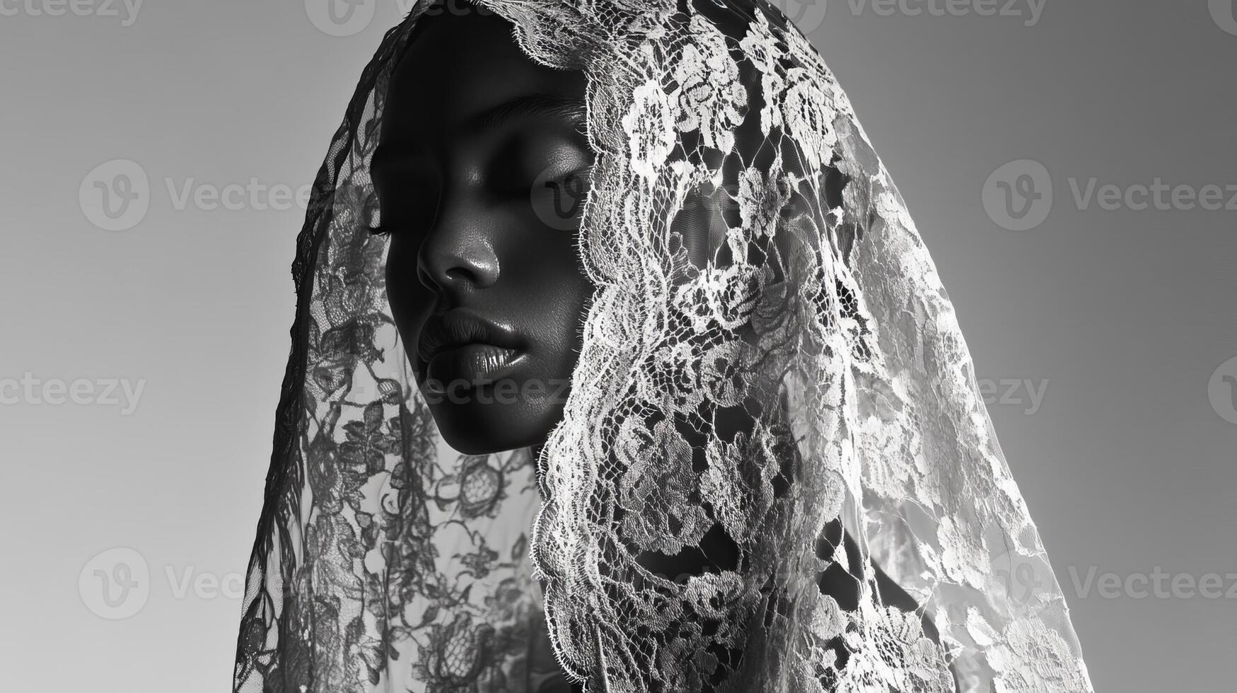 Portrait of a woman wearing an intricate lace veil in black and white, showcasing beauty and elegance in soft lighting photo