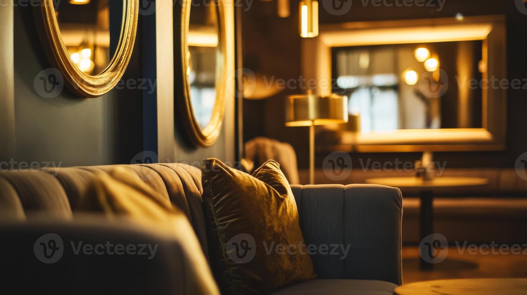 Cozy seating area with elegant decor and warm lighting in a modern lounge at night photo