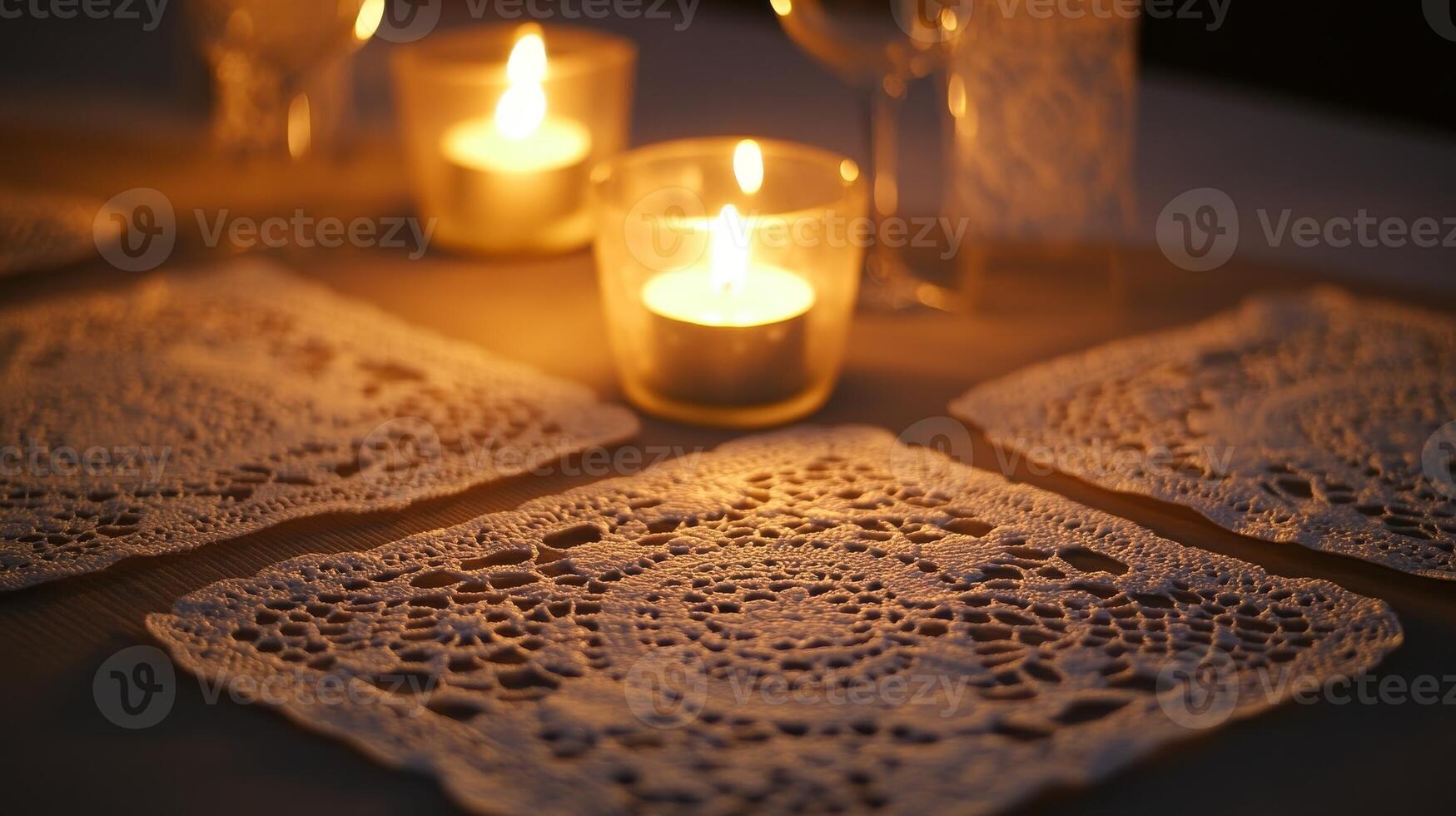 Elegant candlelit evening with lace table settings creating a warm and inviting atmosphere photo