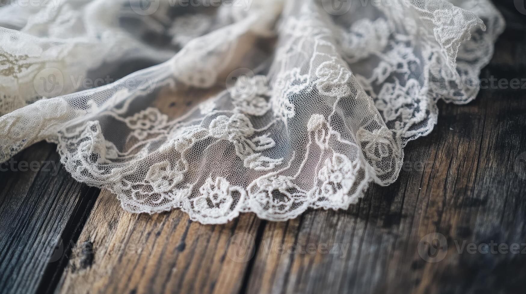 Delicate lace fabric resting on weathered wooden surface with intricate patterns and texture in soft natural light photo