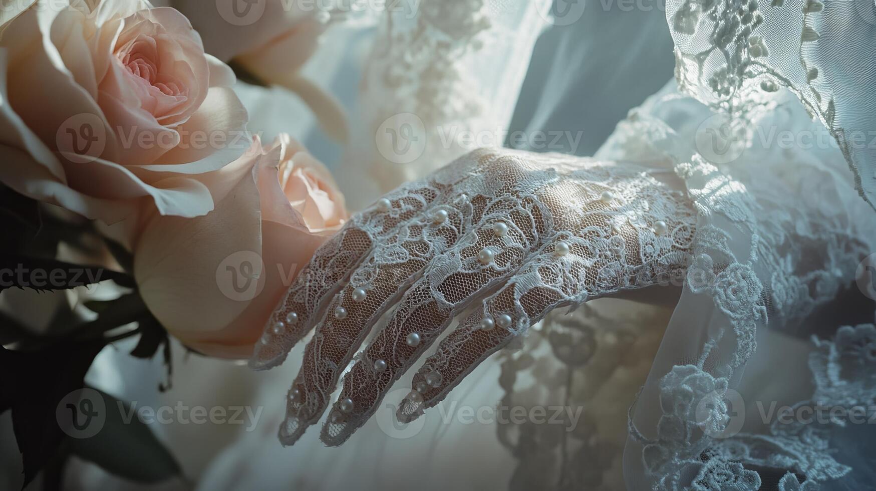 Elegant bridal hand adorned with lace gloves and delicate roses in soft lighting photo