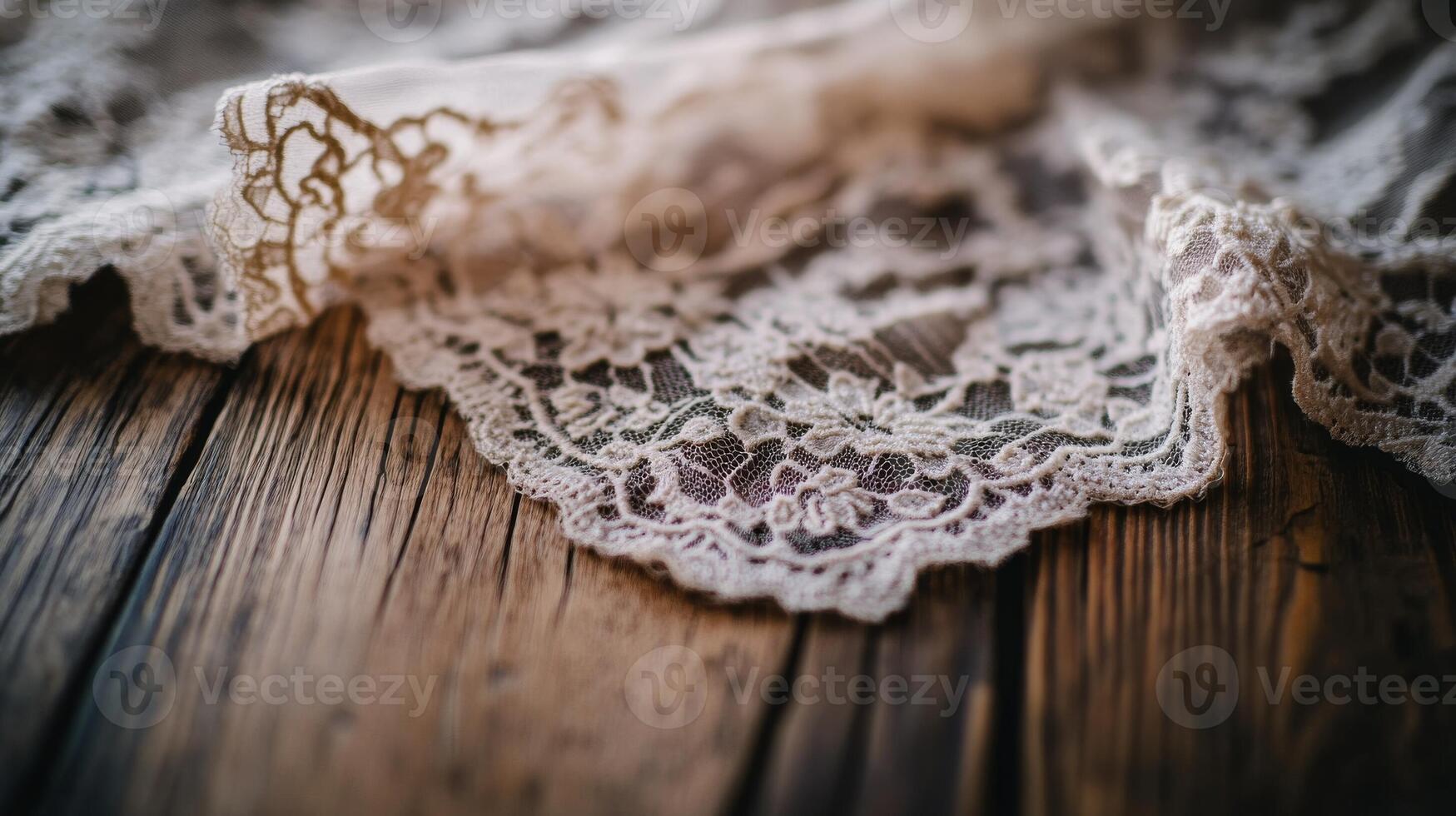 Delicate lace fabric draping gracefully over rustic wooden surface in soft natural light photo