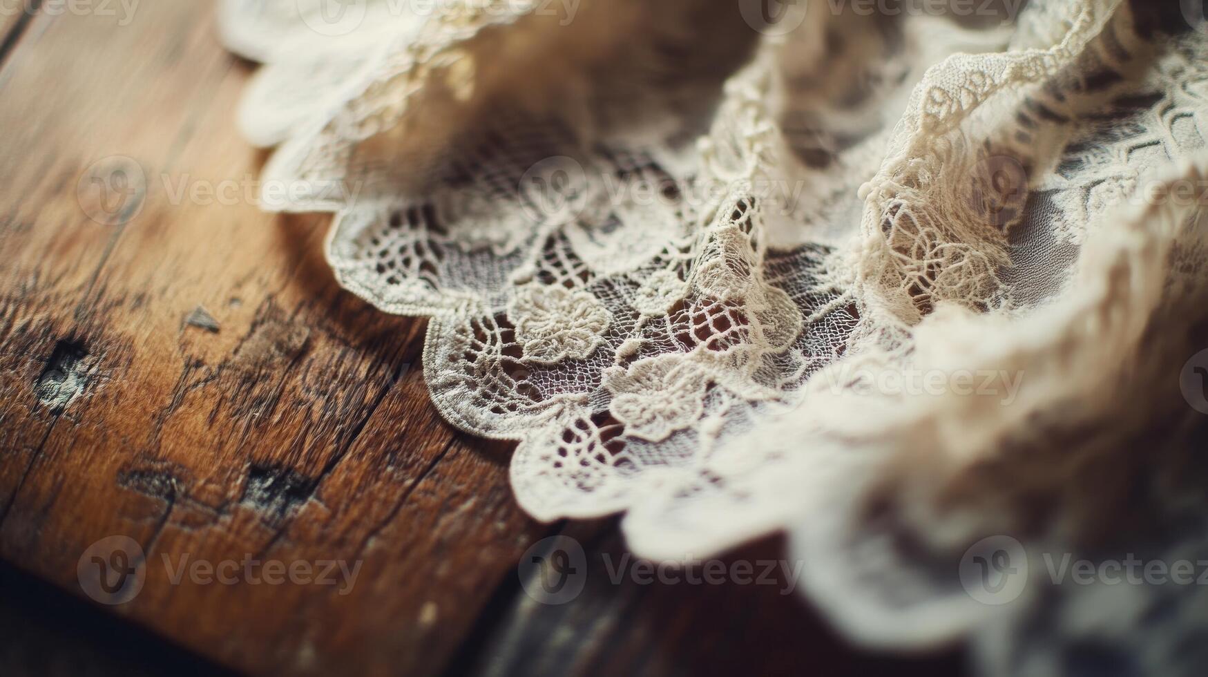 Delicate lace drapes elegantly over a rustic wooden surface, showcasing intricate patterns and textures photo
