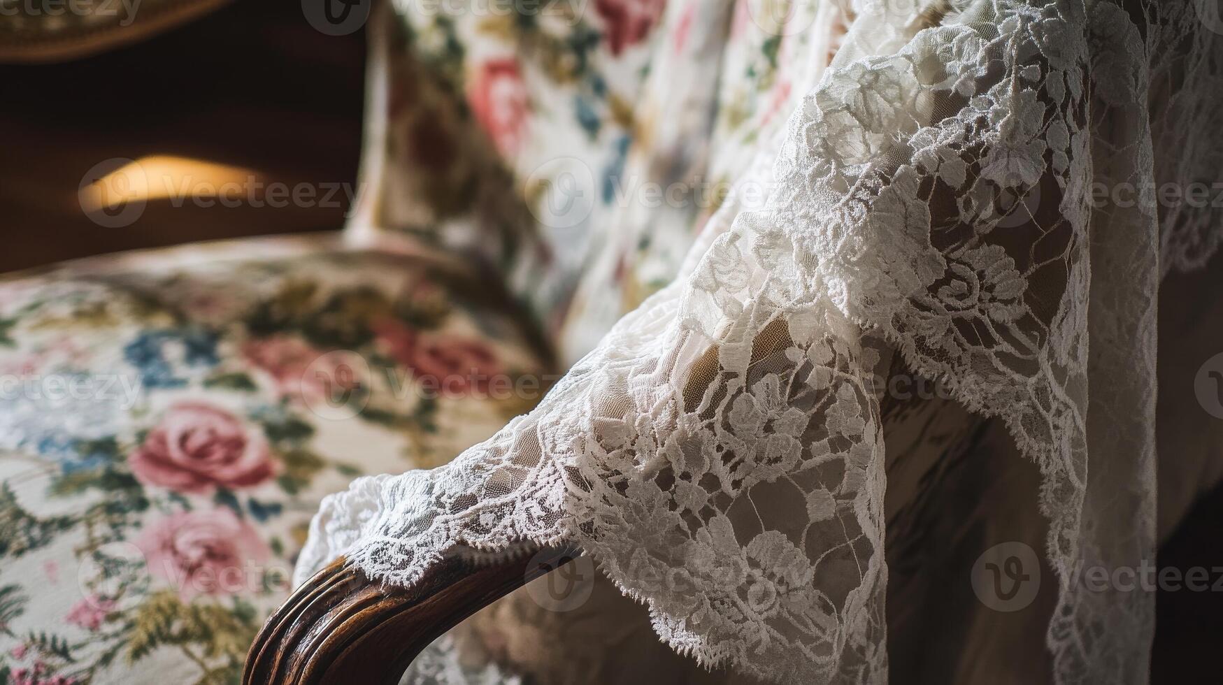 Elegant lace detail on a vintage chair in a cozy, floral living room setting during afternoon light photo
