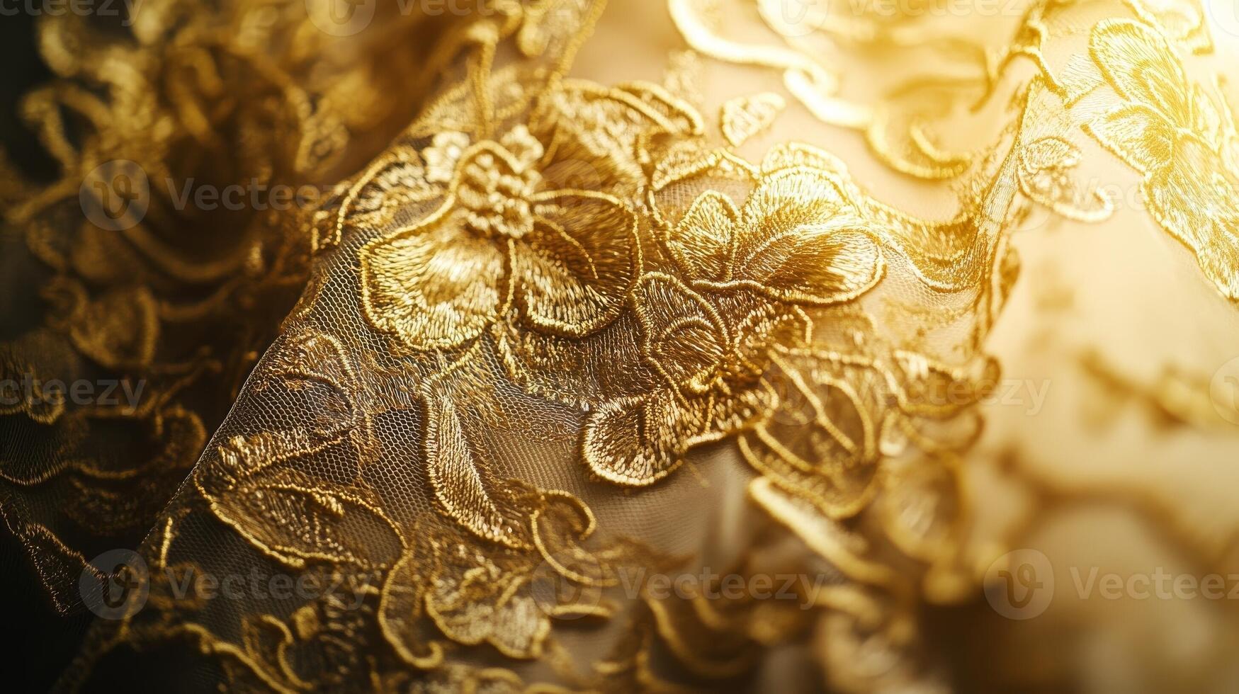 Intricate golden lace fabric showcases floral patterns in delicate embroidery photo