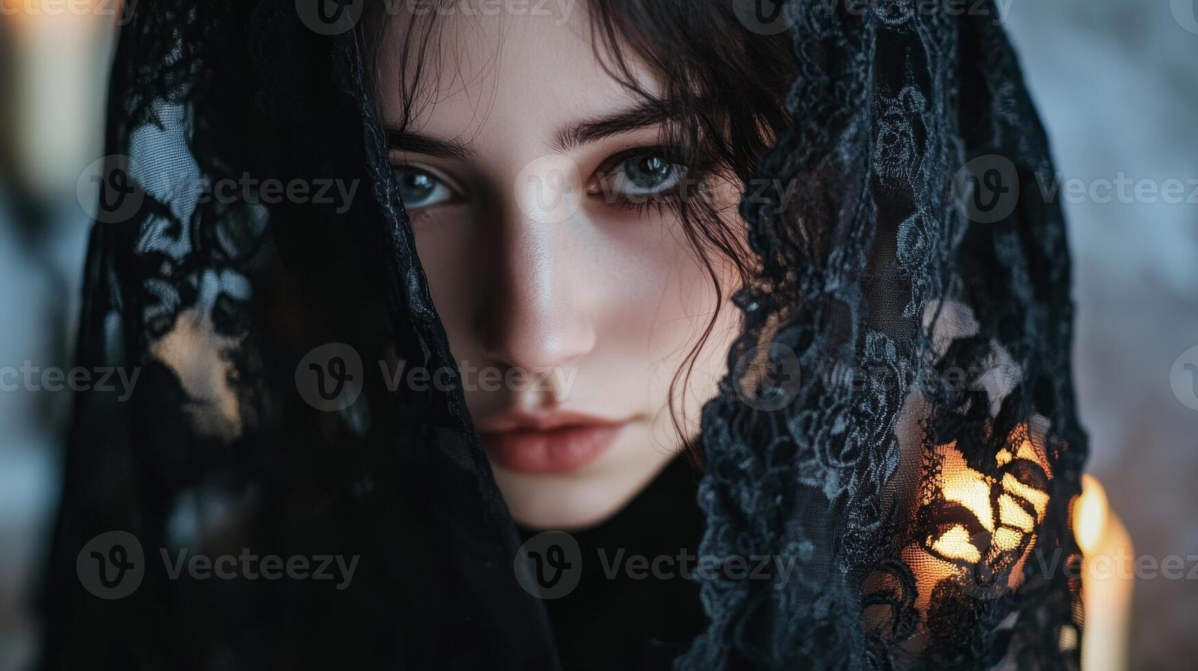 Mysterious young woman with dark lace veil and captivating green eyes at candlelit setting photo