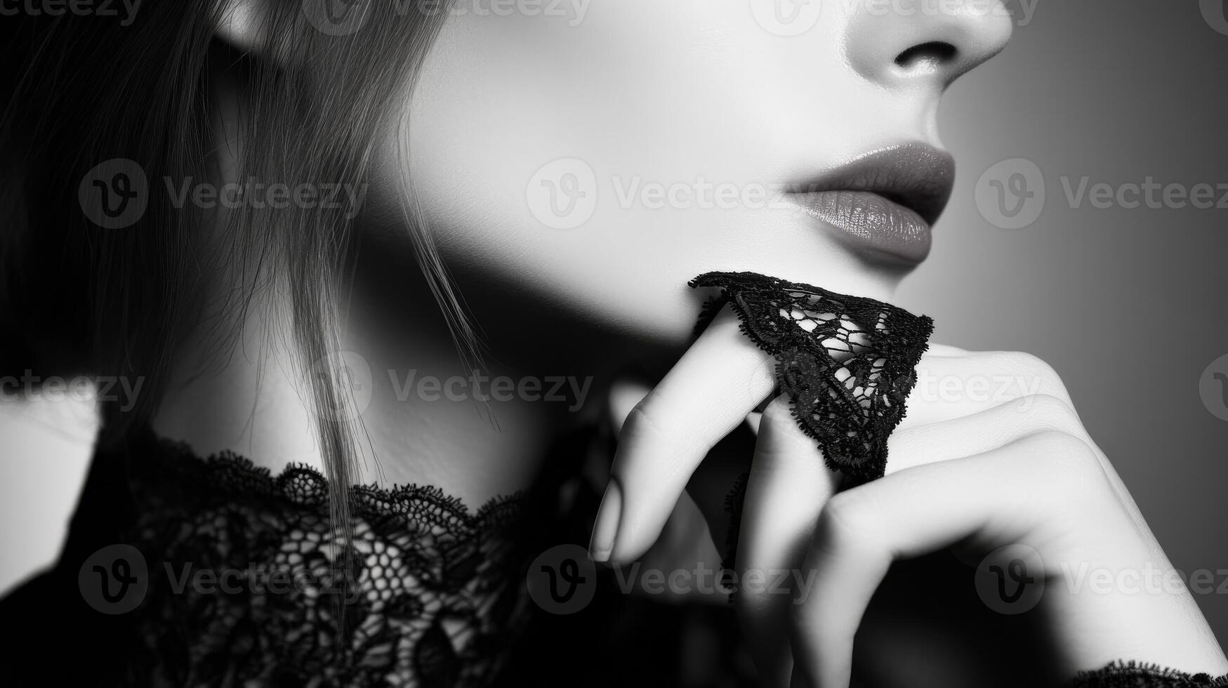 Close-up of a woman's hand gently resting on her face with intricate lace accessories highlighting elegance and sophistication photo