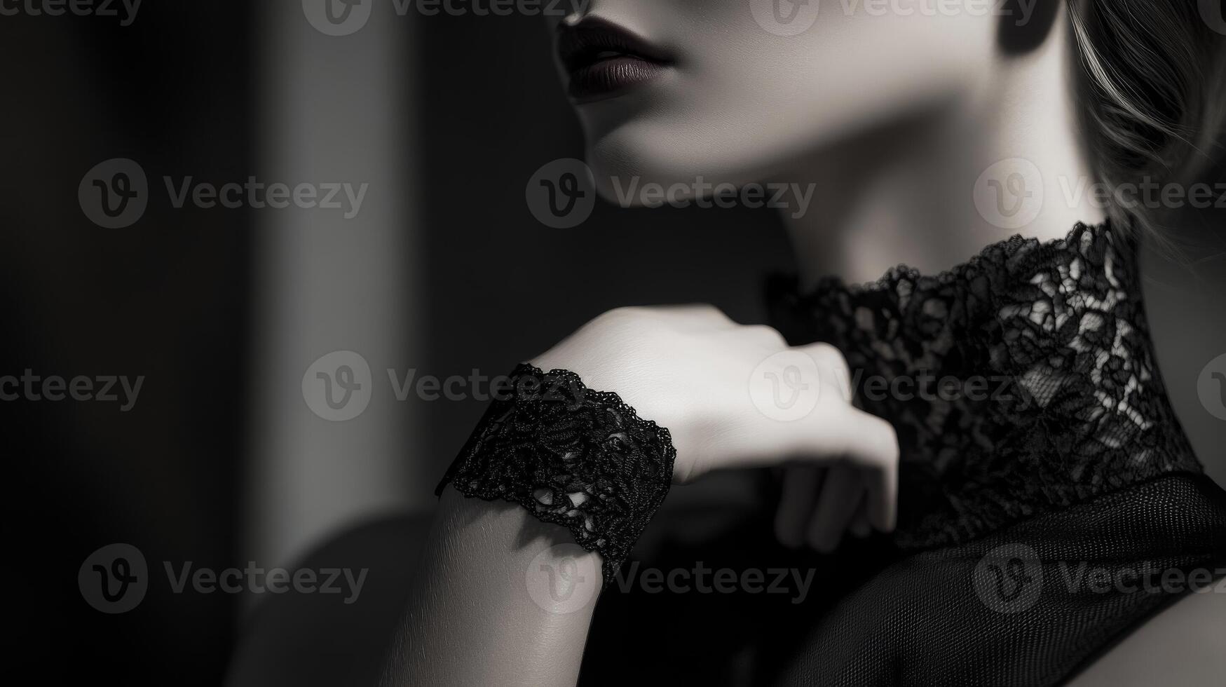 Dark elegance on display with lace details highlighting a stylish figure in a soft light setting photo