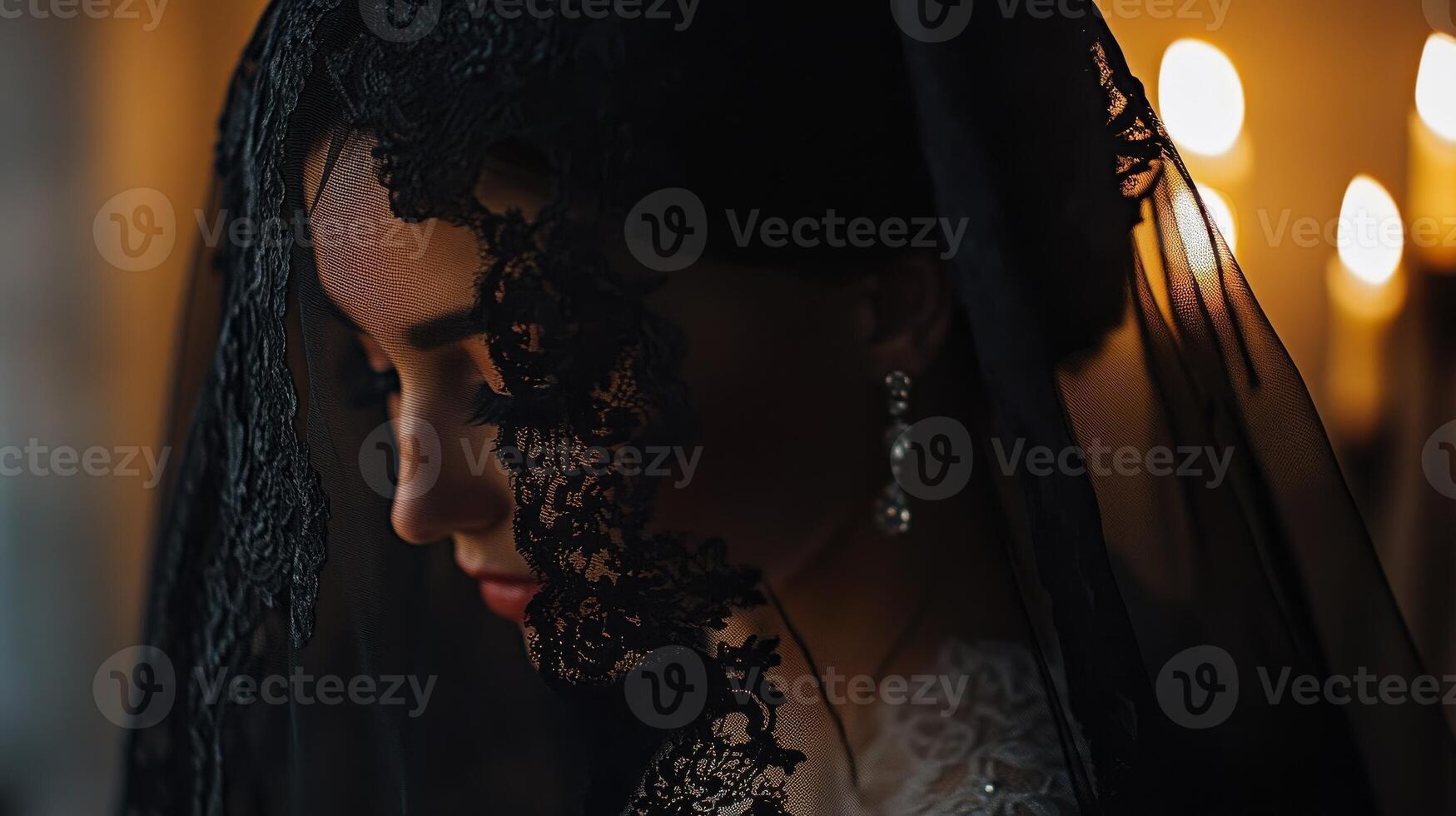 Woman in elegant black lace veil poses thoughtfully near flickering candles in a dimly lit space photo