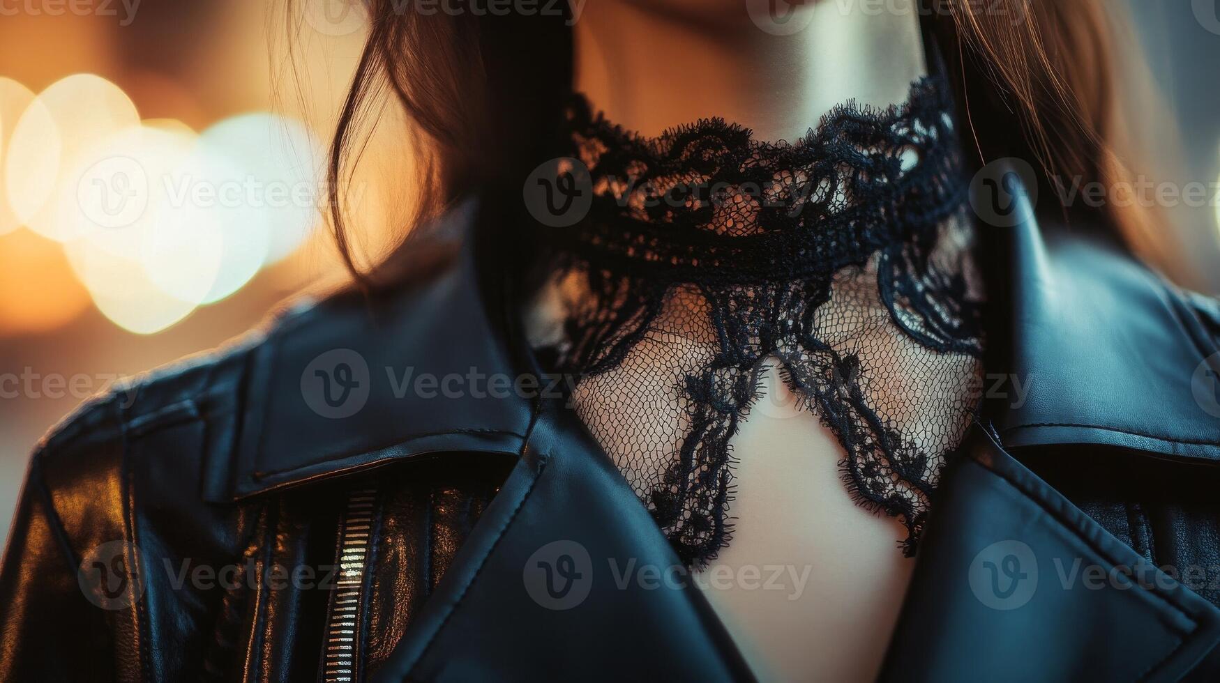 Person wearing a black leather jacket with intricate lace detailing in a dimly lit urban environment during the evening photo