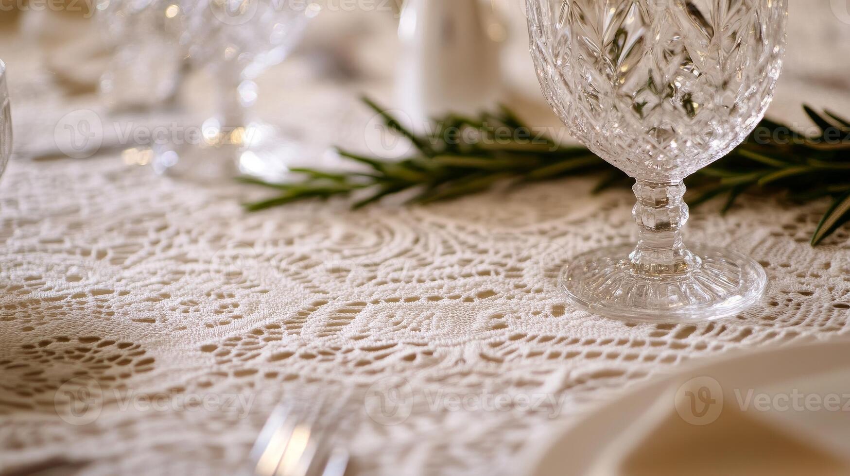 Elegant table setting adorned with crystal glassware and lace tablecloth for a festive gathering in a cozy dining space photo