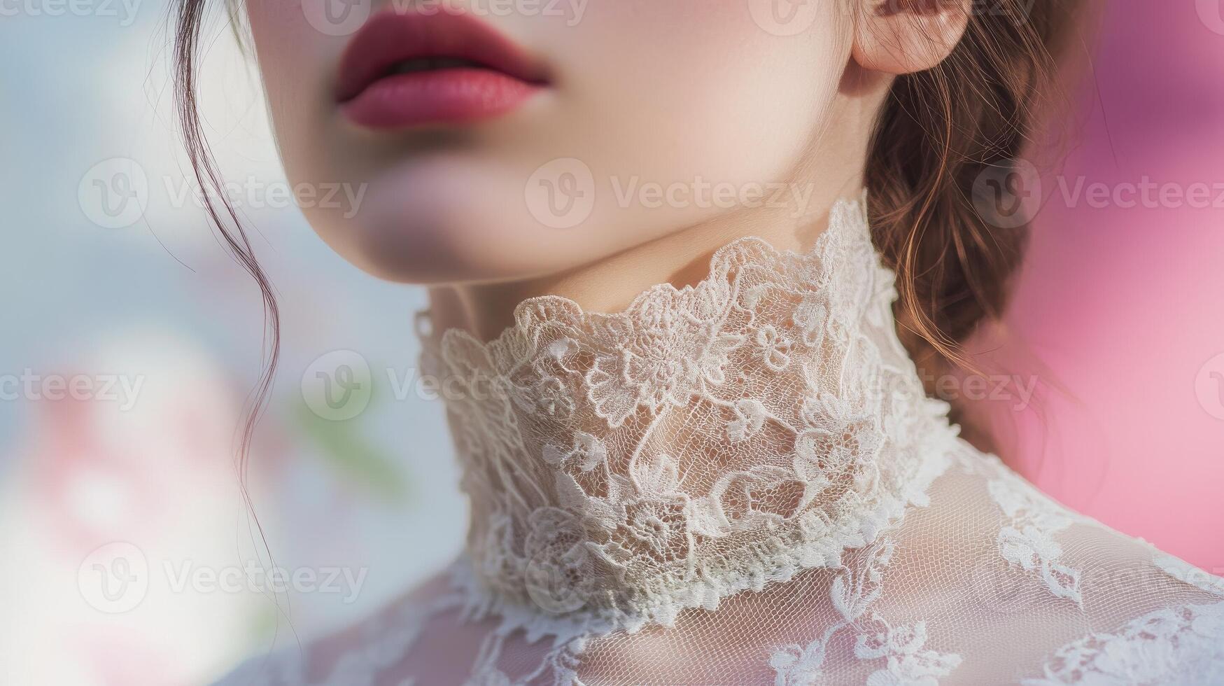Elegant close-up of a woman wearing delicate lace choker at a floral backdrop during a daytime event photo