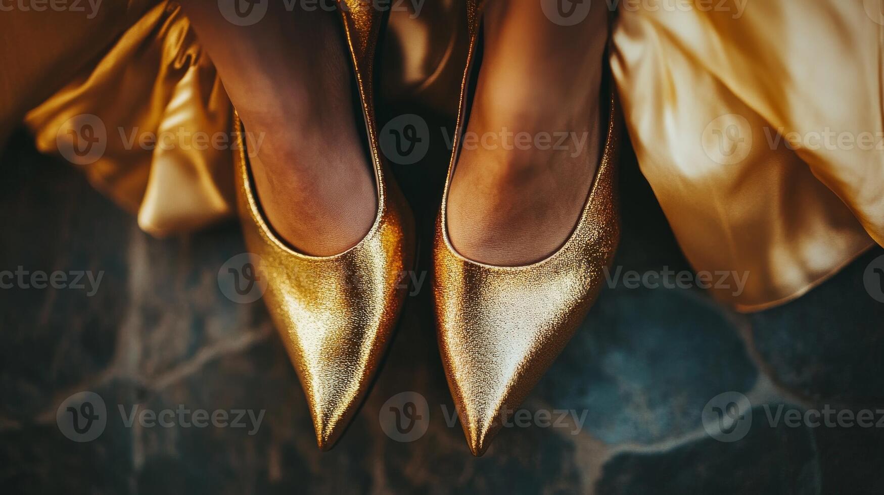 Elegant gold heels complement a flowing golden gown in a stylish indoor setting photo