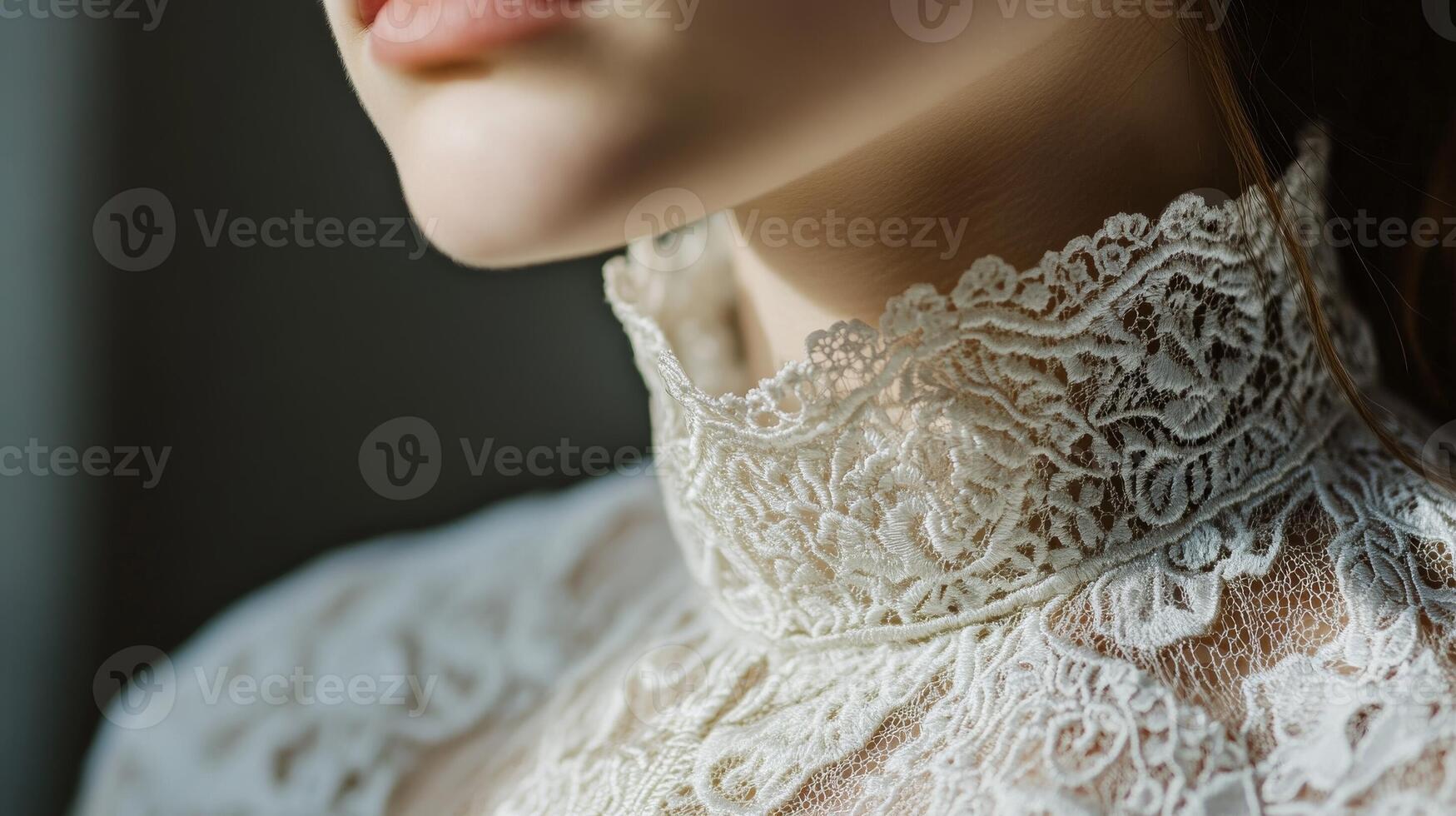 Elegant close-up of a woman wearing a vintage lace collar in soft natural light at home photo