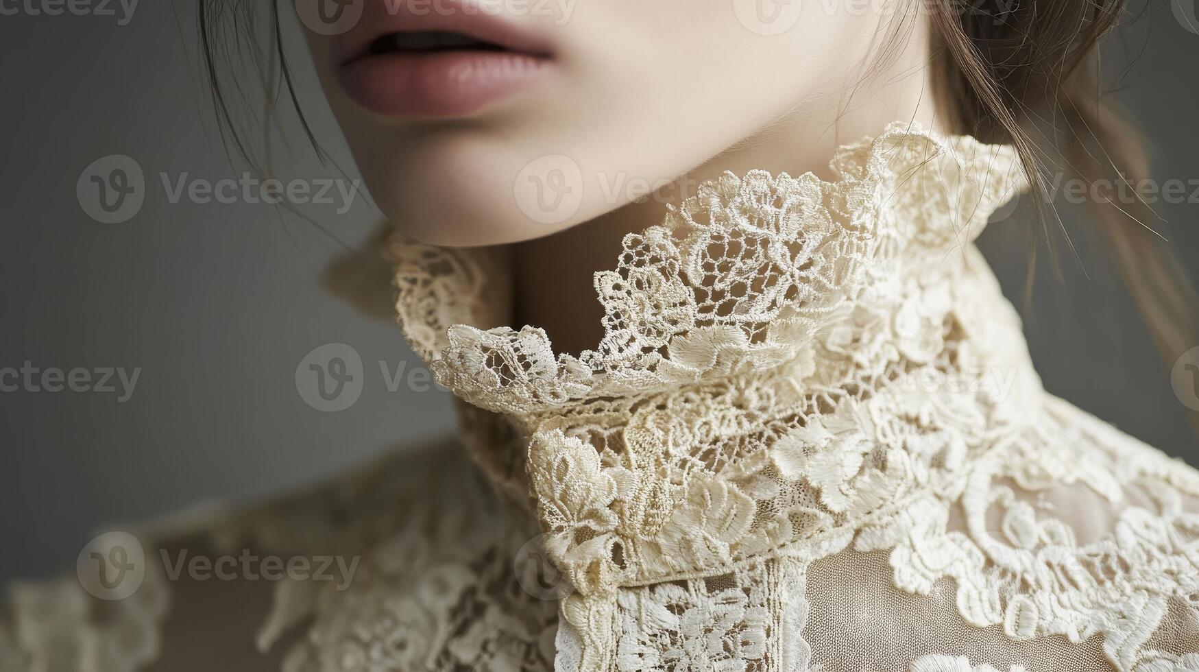Close-up view of an elegant lace collar on a woman's blouse captured indoors with soft lighting photo
