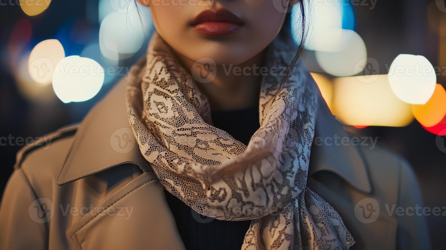 Woman in stylish trench coat and patterned scarf stands amidst city lights during evening photo