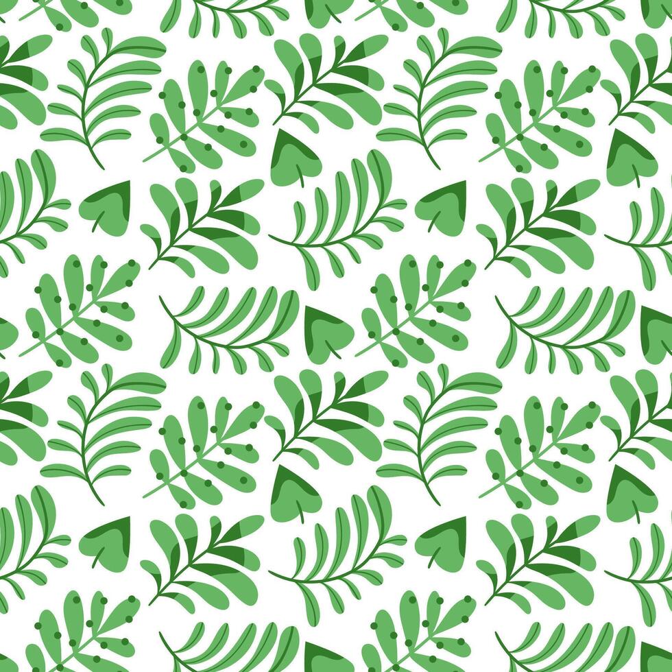 Cute spring pattern of green various tropical leaves on a white background.Cute Seamless Pattern with Leaves, Branches and Floral Elements. vector