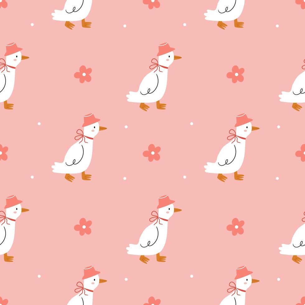Cute spring pattern in retro style. White geese or ducks in hats with bows and daisies on a pink background. vector