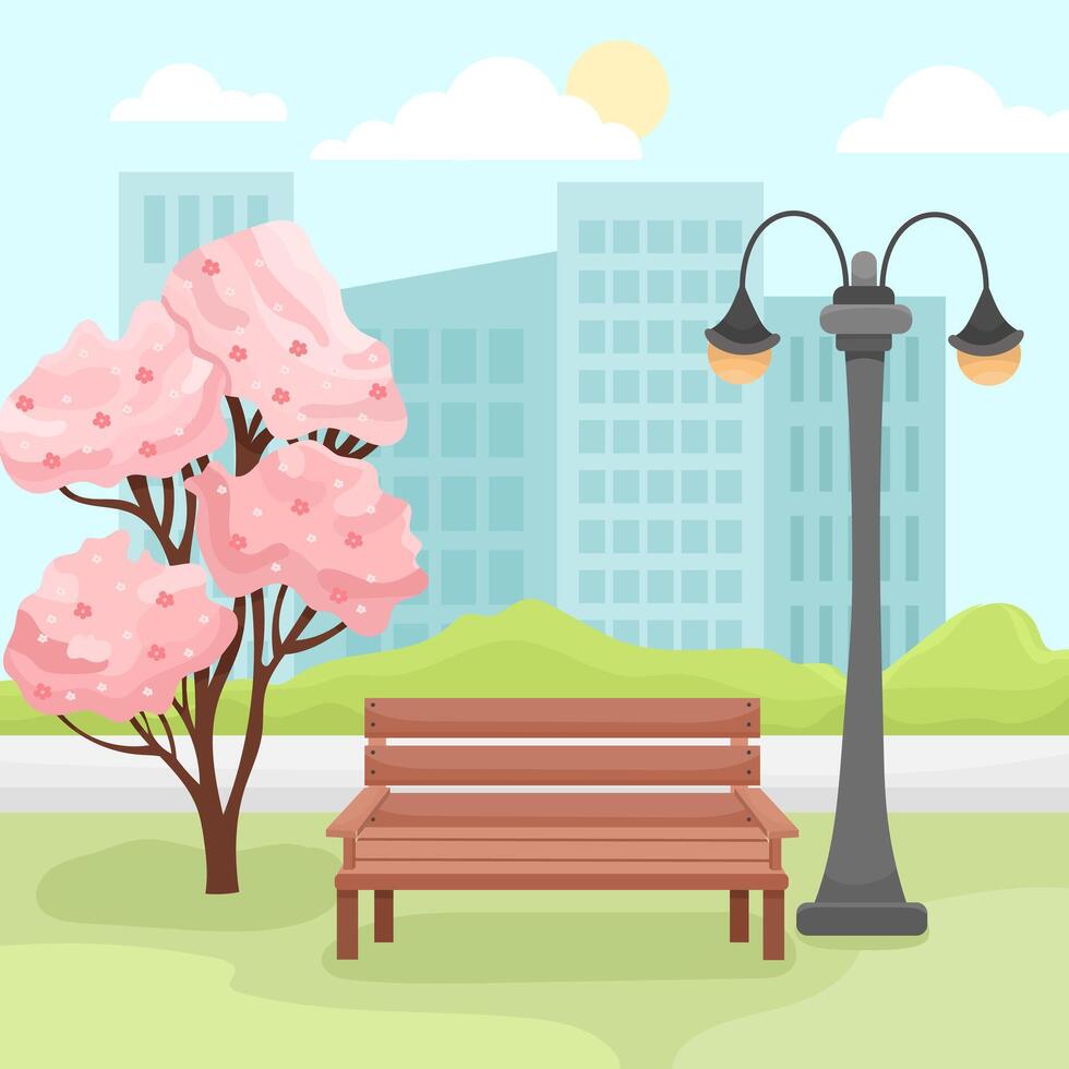Spring illustration, park bench scene with pink tree and lantern on cityscape background vector