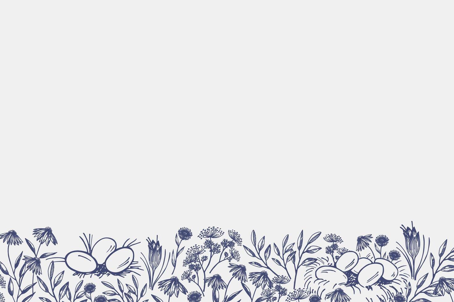 Easter banner with chicken nest, eggs and flowers in engraved vintage style. Hand drawn Paschal festive spring background with bloom field for text. Border with Christian motif vector
