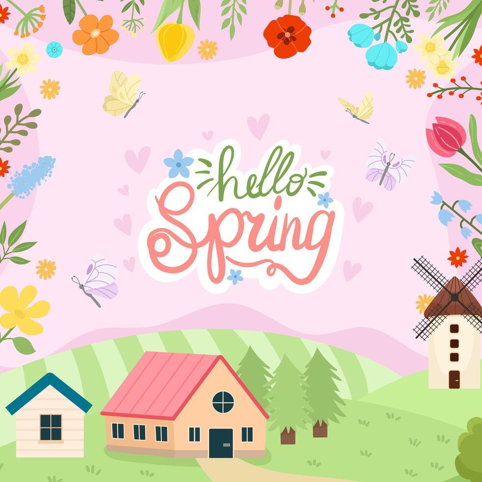 Spring landscape with lettering cartoon style illustration with field, cute houses, mill and flowers. Country or village theme, hello spring lettering vector