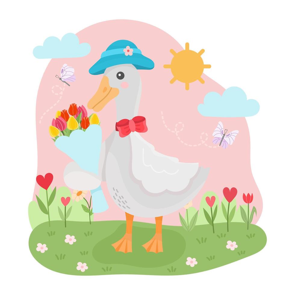 Cute spring illustration with a goose holding a bouquet of flowers on a background of a meadow with flowers. Spring or Easter illustration vector