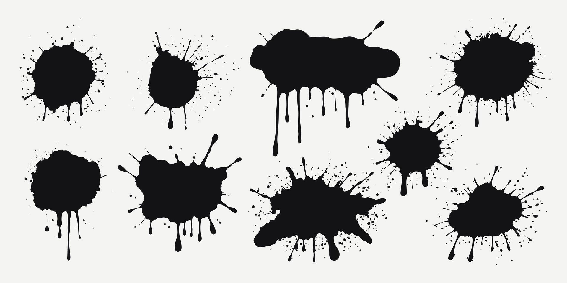 Black paint splashes, ink drops, liquid drips and splashes. Grunge stains with scattered and dripping droplets. Isolated sprayed elements. Blobs of various shapes. Abstract clip arts. vector